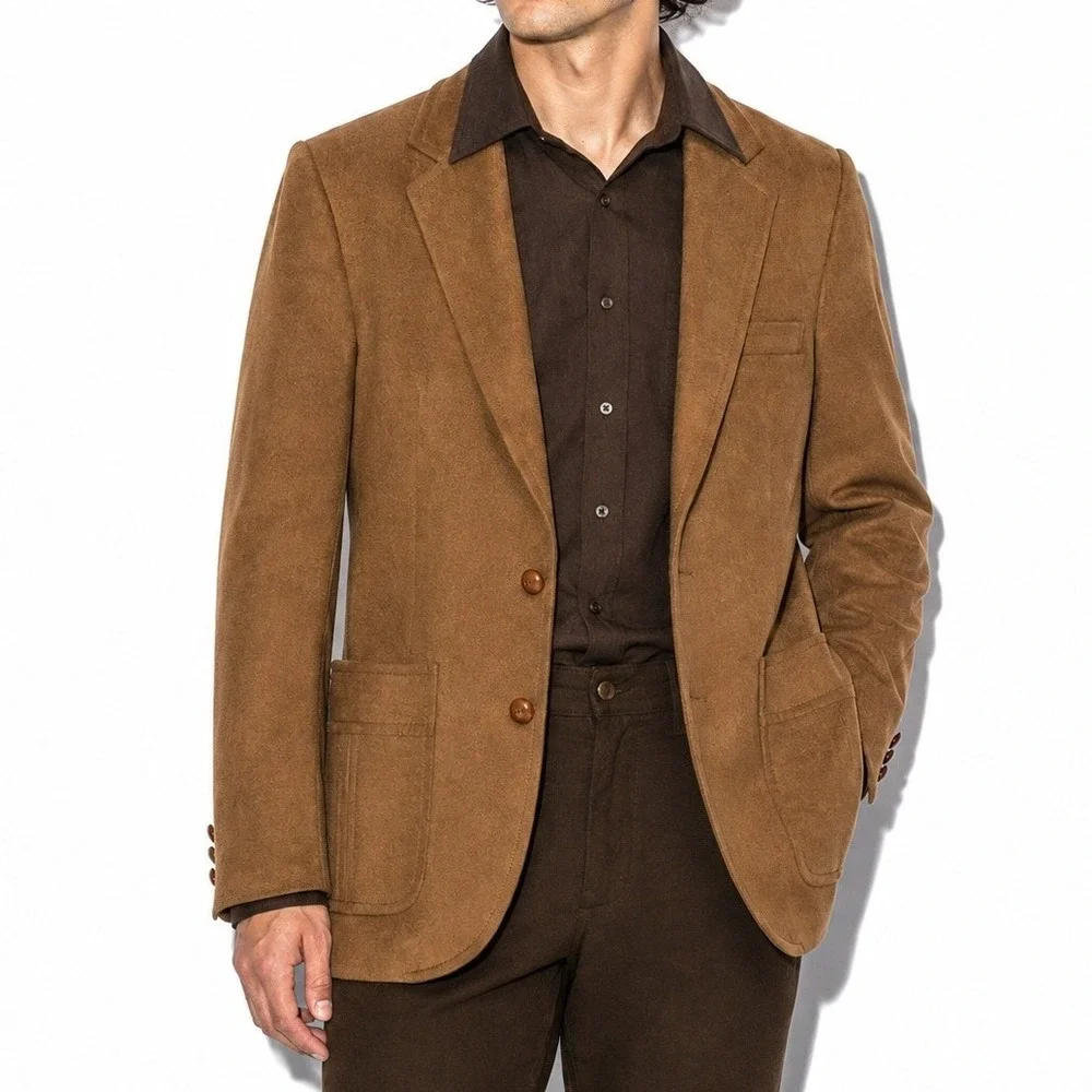 70s Vintage Faux Suede Blazer Mens 38R Brown Western Sport Coat 2 Button Casual
